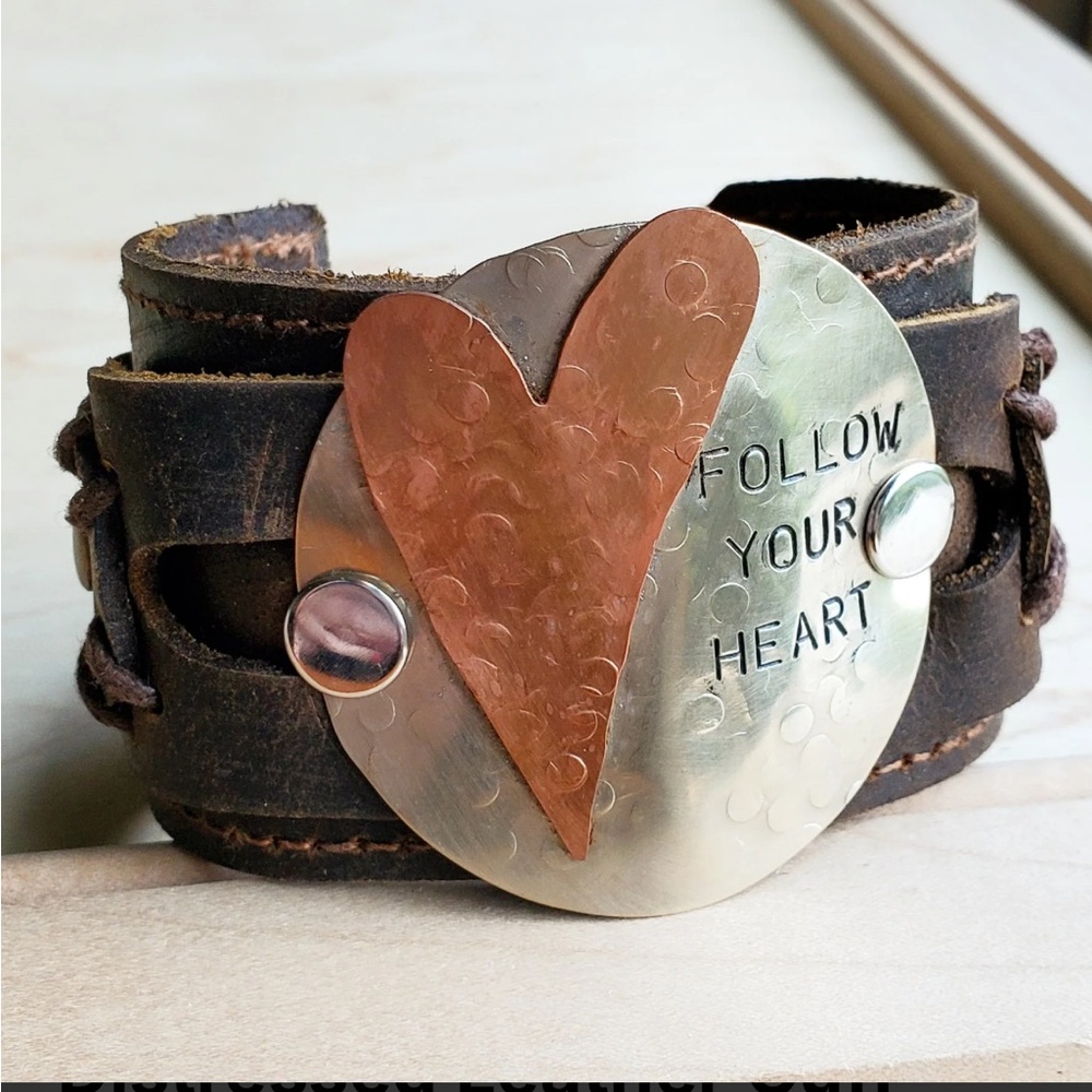 Follow your heart distressed leather cuff